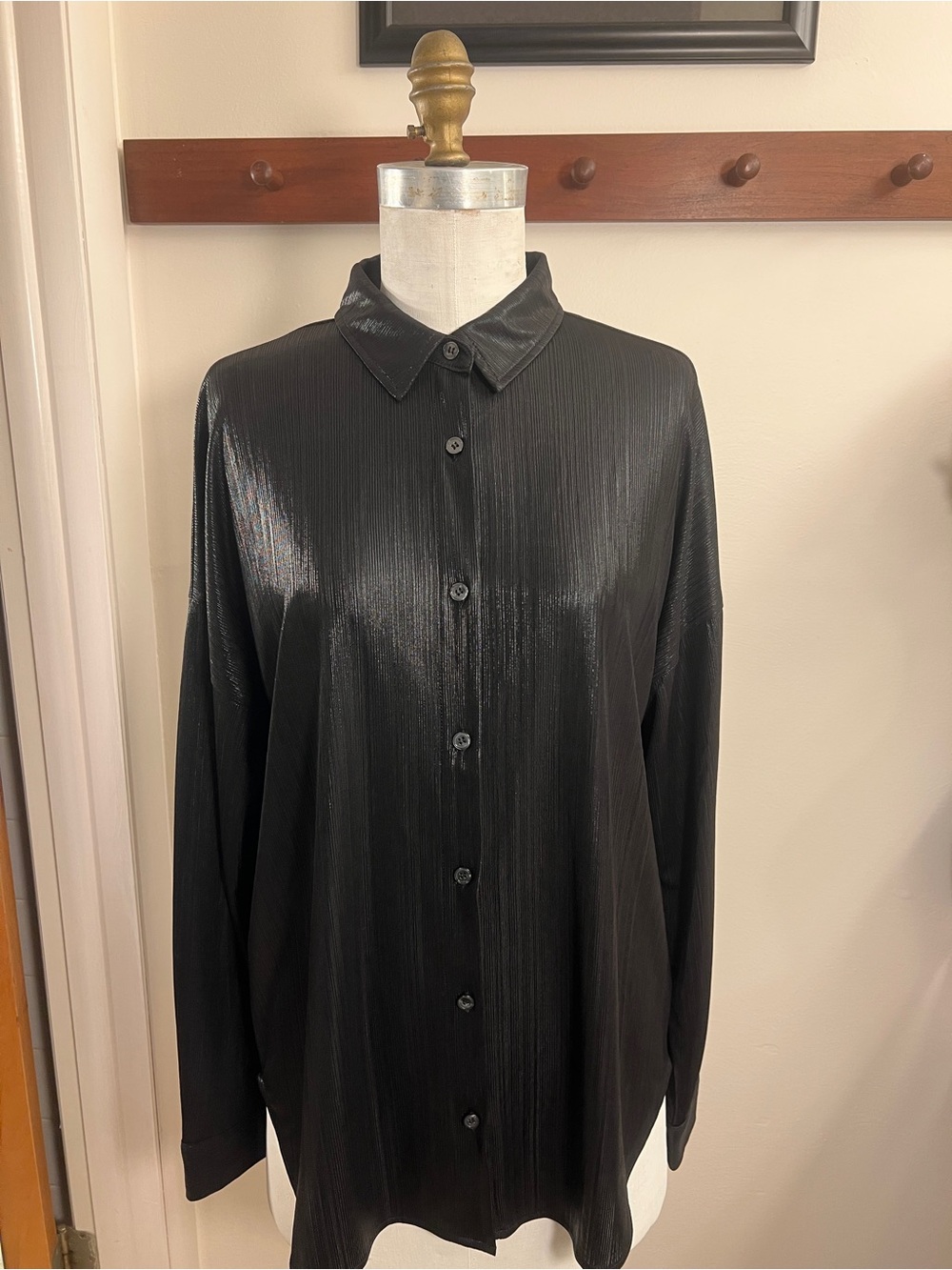 Buckle Black Shiny Button-Front Blouse